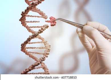 Genetic engineering and gene manipulation concept. Hand is replacing part of a DNA molecule. 3D rendered illustration of DNA.