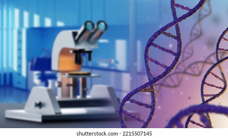 Genetic Laboratory. Strands Of DNA Close-up. Concept DNA Helix Modification. Study Of RNA Genetic Under Microscope. Concept Of Providing Genetic Laboratory Services. Art Blurred. 3d Rendering.