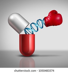 Genetic Medication Treatment And DNA Medicine Power As A Medical Concept For Using Genetically Engineered Pills As Immunotherapy Or Cancer Drug With 3D Illustration Elements.