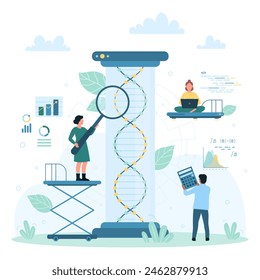 Genetic test and gene analysis, science technology illustration. Cartoon tiny scientists research DNA helix inside laboratory flask with magnifying glass, biotech discovery and experiment - Powered by Shutterstock