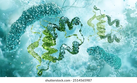 Genetically modified bacteria producing insulin, peptide hormone. INS gene,pancreatic islet, bacterial beta cells synthesizing insulin. Cellular process, genetic engineering, drug protein synthesis 3D