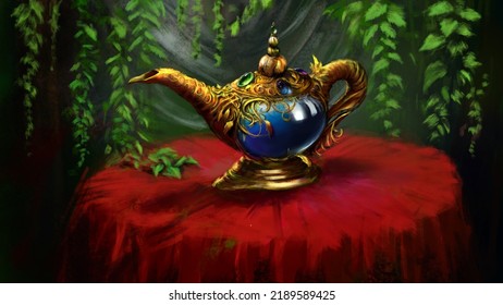 Genie's magic lamp  it is expensively decorated and gold   precious stones  Digital drawing style  2D illustration