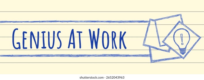 Genius At Work concept image with text and bulb symbol.