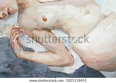 Gentle attractive nude female body lies on white cotton fabrics. The picture is made in oil.