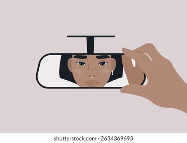 A gentle hand adjusts the rear view mirror, revealing a thoughtful face with freckles and a serene expression, embodying a moment of personal reflection during a peaceful drive