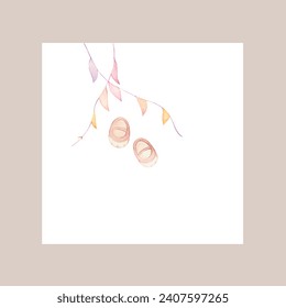 Gentle Pink Baby Card. Baby Birth Announcement Illustration. Hand Painted Watercolor Baby Shoes. Welcome Baby Girl Card - Powered by Shutterstock