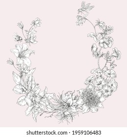 Gentle Vintage Floral Wreath. Botanical Flowers. Regency Greeting Card, Baroque Style Hand-drawn Background, Victorian Flowers