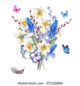 Gentle vintage watercolor spring bouquet with daffodils, watercolor violets, pussy-willow, pansies, muscari and butterflies, greeting vintage watercolor illustration