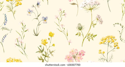 Gentle watercolor floral pattern with wildflowers on a  retro background, tansy, pansies, flower mouse peas. Horizontal banner pattern