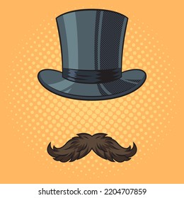 Gentleman Mustache And Top Hat Pinup Pop Art Retro Raster Illustration. Comic Book Style Imitation.