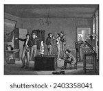 Gentlemen in a workshop, Edouard Taurel, after Louis Pierre Henriquel-Dupont, 1885, vintage engraved.