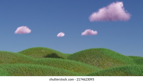Gently rolling green hills   pastel pink fluffy clouds  3d rendering 