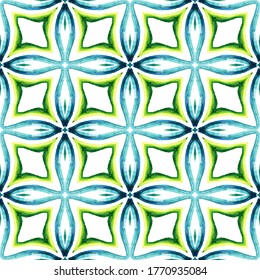 Geo Art. Endless Repeat Painting.  Mandala, Medallion, Floral, Flower Ornament. Watercolor Surface. Modern Geo Bed Linen. Blue, Green  Texture. Natural Art.