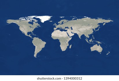 Geographic Lands And Seas. Terrain Map From Satelite View. Big Size Physical World Map Illustration. Primary Source, Elements Of This Image Furnished By NASA.