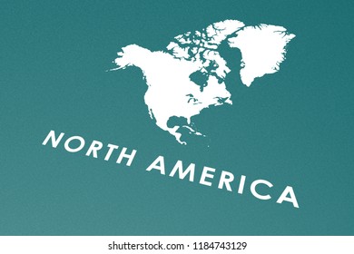 Geographic North America Map Perspective, Continent Isolated, Words Printed White On Aquamarine Blue Carton Paper, Symbol, Infographic