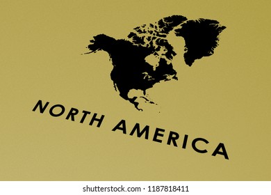 Geographic North America Map Perspective, Continent Isolated With Word, Printed Black On Golden Carton Paper, Symbol, Infographic