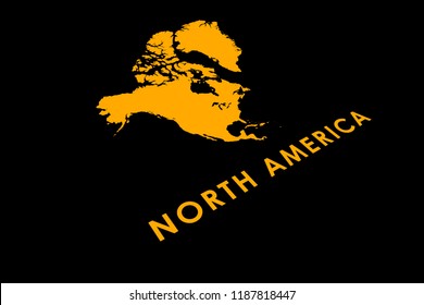 Geographic North America Map, Perspective View, Continent, Words Printed Orange On Black Carton Paper, Symbol, Infographic