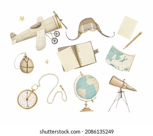 Geography And Aviation Set. Hand-drawn Illustrations. Airplane, Map, Pilot's Hat, Globe, Compass, Notebook, Telescope, Flask. Vintage Style. Stock Illustration.