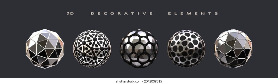 Geometric 3d Shapes. Festive Set Silver And Metal Decorative Elements On Dark Background. Isolated Objects For Design Close Up. 3d Render