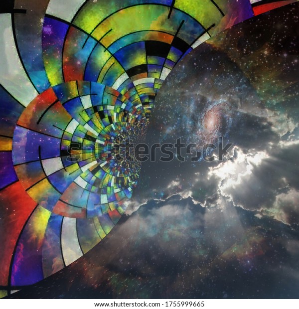 Geometric abstract painting with galaxy in the\
sky. 3D\
rendering
