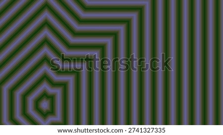 A geometric abstract pattern featuring concentric lines forming angular shapes and vertical stripes in shades of dark green and muted purple.