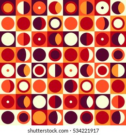 Geometric abstract seamless pattern. Retro 60s style and colors. Squares, circles composition