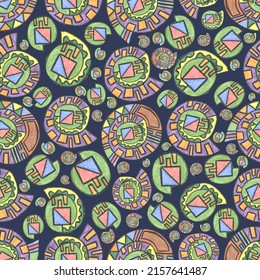 Geometric abstract spirals, shells. Seamless pattern on a blue background. Hand-drawn with colored pencils. Multicoloured. For decoration and design of textiles, clothing, background, paper.