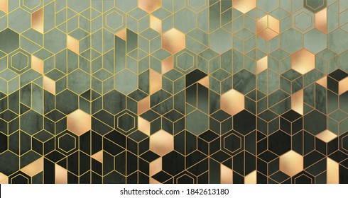 Geometric abstraction of hexagons in green tones on a raised background with gold elements. - Powered by Shutterstock