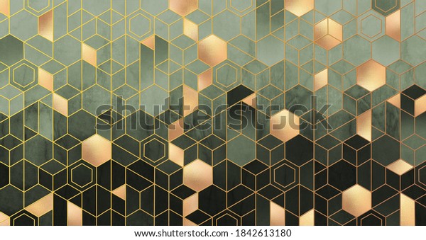 Geometric abstraction of hexagons in green tones wall mural