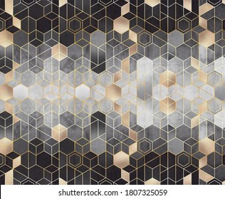 Geometric abstraction of hexagons on a black and white relief background with gold elements. Mural for interior painting. Wall painting.