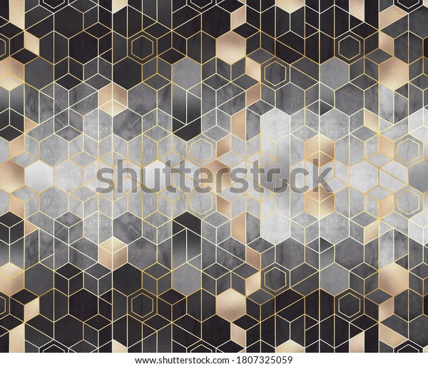 Geometric wall mural abstraction of hexagons on black and white relief background with gold elements. Mural for interior wall decoration. 