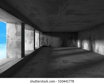 Geometric architecture background. Concrete walls room with cloudy sky. 3d render illustration - Shutterstock ID 510441778