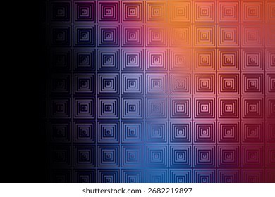 A geometric background with a repeating square pattern that transitions from black to a vibrant gradient of purple, blue, orange, and red.