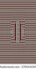 A geometric brick-and-stone pattern featuring repeating gray carved tiles and horizontal reddish-brown brick strips, forming a central diamond-shaped accent that contrasts with the linear background
