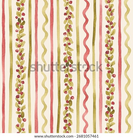 Geometric Christmas seamless pattern hand drawn with watercolor. Retro Xmas design with abstract watercolor lines and garland from greenery, red berries. Festive digital paper in old style