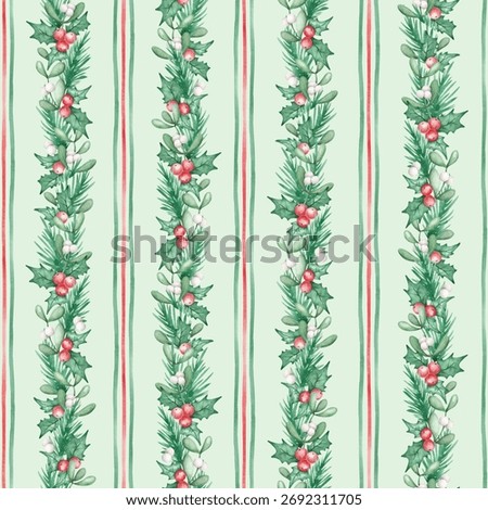 Geometric Christmas seamless pattern hand drawn with watercolor. Retro Xmas design with abstract watercolor lines and garland from greenery, red berries. Festive digital paper in old style