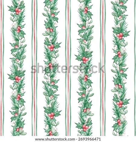 Geometric Christmas seamless pattern hand drawn with watercolor. Retro Xmas design with abstract watercolor lines and garland from greenery, red berries. Festive digital paper in old style
