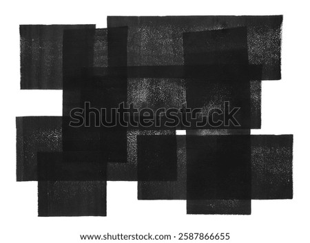 Geometric composition made of layered  lino ink remains. Black and white artistic text background. Linocut, relief printing paint roller stains, textured transparent rectangles. Linocutting texture.