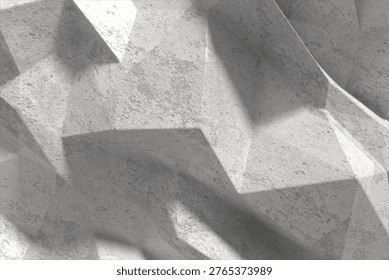 Geometric concrete wall pattern is repeating in 3D render facade, showing angular relief design. Industrial, modern, textured, rugged, architectural, minimalist, abstract