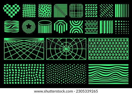 Geometric design elements. 90s, 80s retro shapes, mosaic patterns. Mesh, grid backgrounds and distortions. Green illustrations isolated on black background