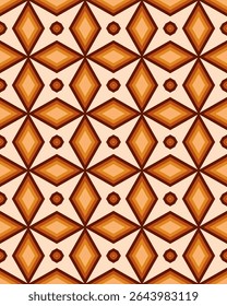 Geometric diamond pattern showcases warm orange, brown, and cream colors, ideal for textiles or wallpaper design.