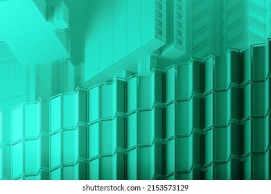 geometric edge shape Green architectural design   detail tall apartment blocks   towers silhouetted against an orange   Green sky in haze  3D illustration   3D rendering