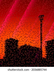 geometric edge shape sunset architectural design and detail of tall apartment blocks and towers silhouetted against an orange and red sky at dusk
