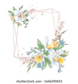 Geometric Golden Frame Watercolor Spring Flower Stock Illustration ...