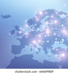 Geometric Graphic Background Communication With Europe Map. Big Data Complex With Compounds. Perspective Backdrop. Minimal Array. Digital Data Visualization. Scientific Cybernetic Illustration