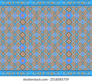 "Geometric Harmony in Blue" is
a vibrant and symmetrical pattern featuring intricate diamond shapes and floral motifs, set against a calming blue backdrop. - Powered by Shutterstock