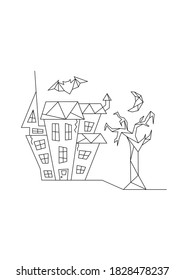 Geometric Line Art Of A Spooky Halloween Scene With Haunted House, Tree, Bat And Moon