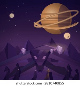 Geometric low-poly alien landscape bathed in deep purple twilight, featuring a massive ringed planet dominating the sky alongside two moons, with crystalline structures and angular mountain peaks rising from the terrain below.