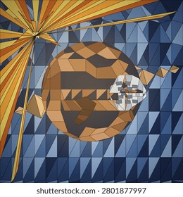 A geometric low-poly digital artwork featuring a fragmented orange and black sphere with a hollow crystalline core suspended against a tessellated blue triangular background illuminated by a radiant golden starburst.
