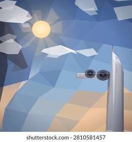 Geometric low-poly digital artwork featuring a pair of binoculars mounted on a tall white monument against a faceted sky with a glowing sun and angular clouds.
